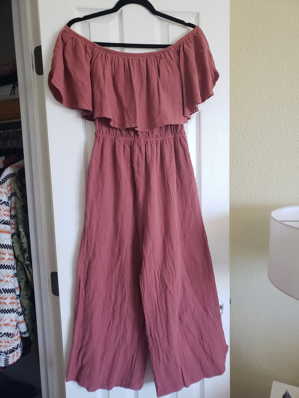 Off-Shoulder Wide-Leg Jumpsuit in Dusty Rose